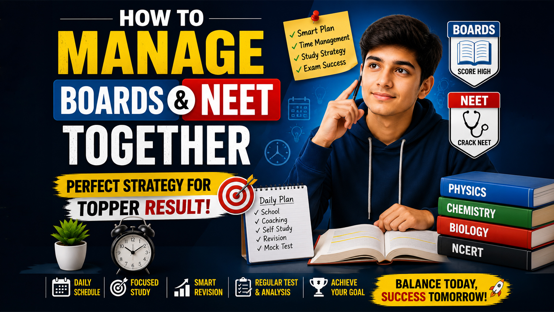 Student studying with books and notes, showing a strategy to manage Class 12 Board Exams and NEET preparation together through time management, revision, mock tests, and a smart study plan.