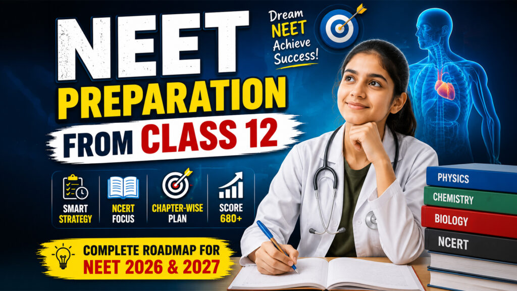 A promotional educational poster featuring a Class 12 student in a white lab coat studying with a notebook, highlighting "NEET Preparation from Class 12." The design emphasizes smart strategy, NCERT-focused study, chapter-wise planning, and a complete roadmap for NEET 2026 and 2027, with Physics, Chemistry, Biology, and NCERT books displayed.