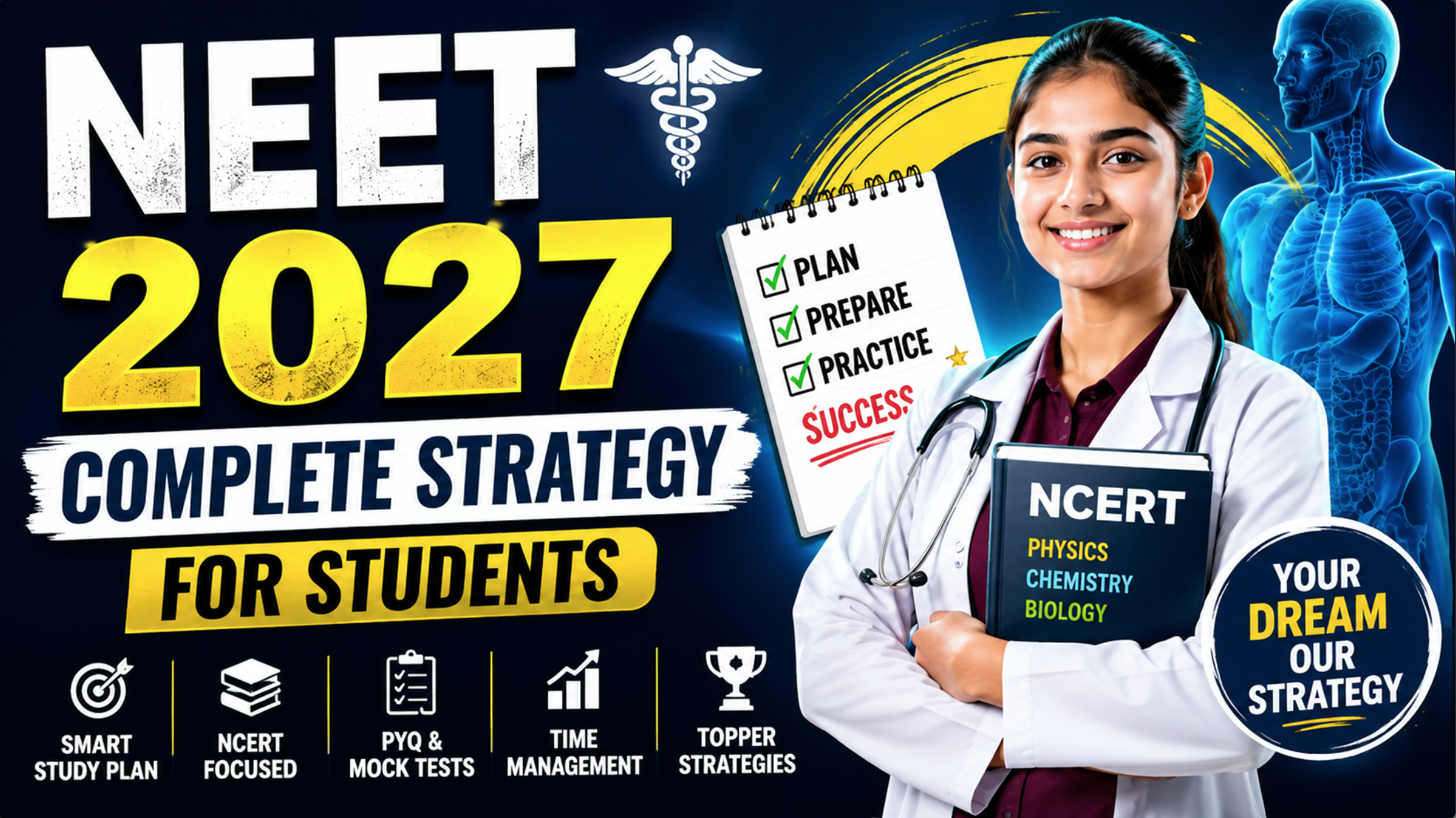 NEET 2027 complete strategy for students, featuring a medical student, NCERT books, study plan, mock tests, time management and topper strategies.